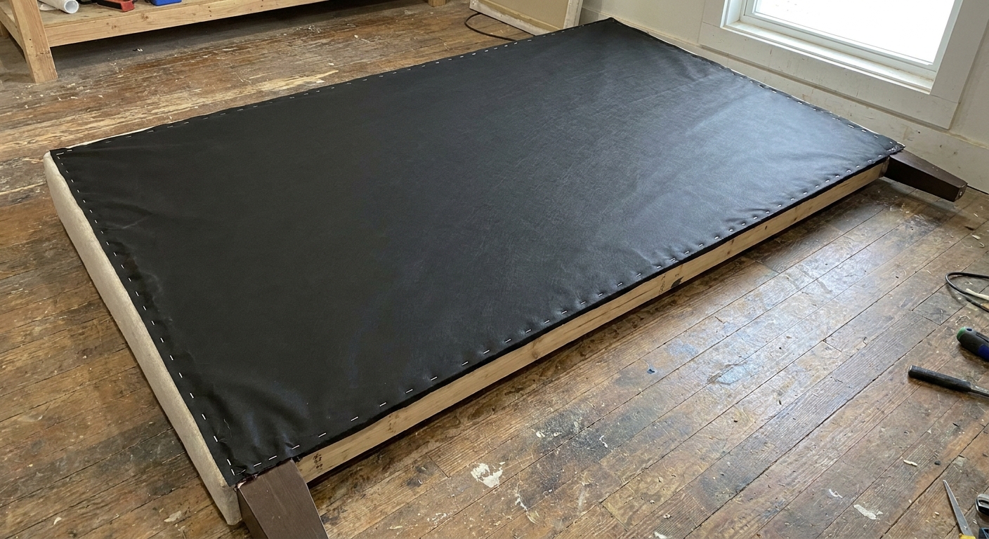 The back of an upholstered headboard with a black dust cover fabric stretched smooth and stapled around the edges, lying flat on the floor
