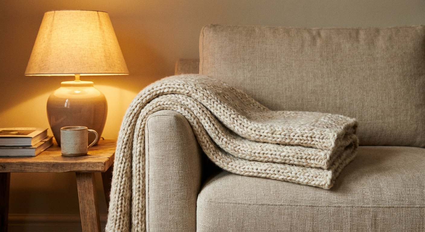 Thick wool throw folded over the arm of a neutral sofa beside a warm table lamp