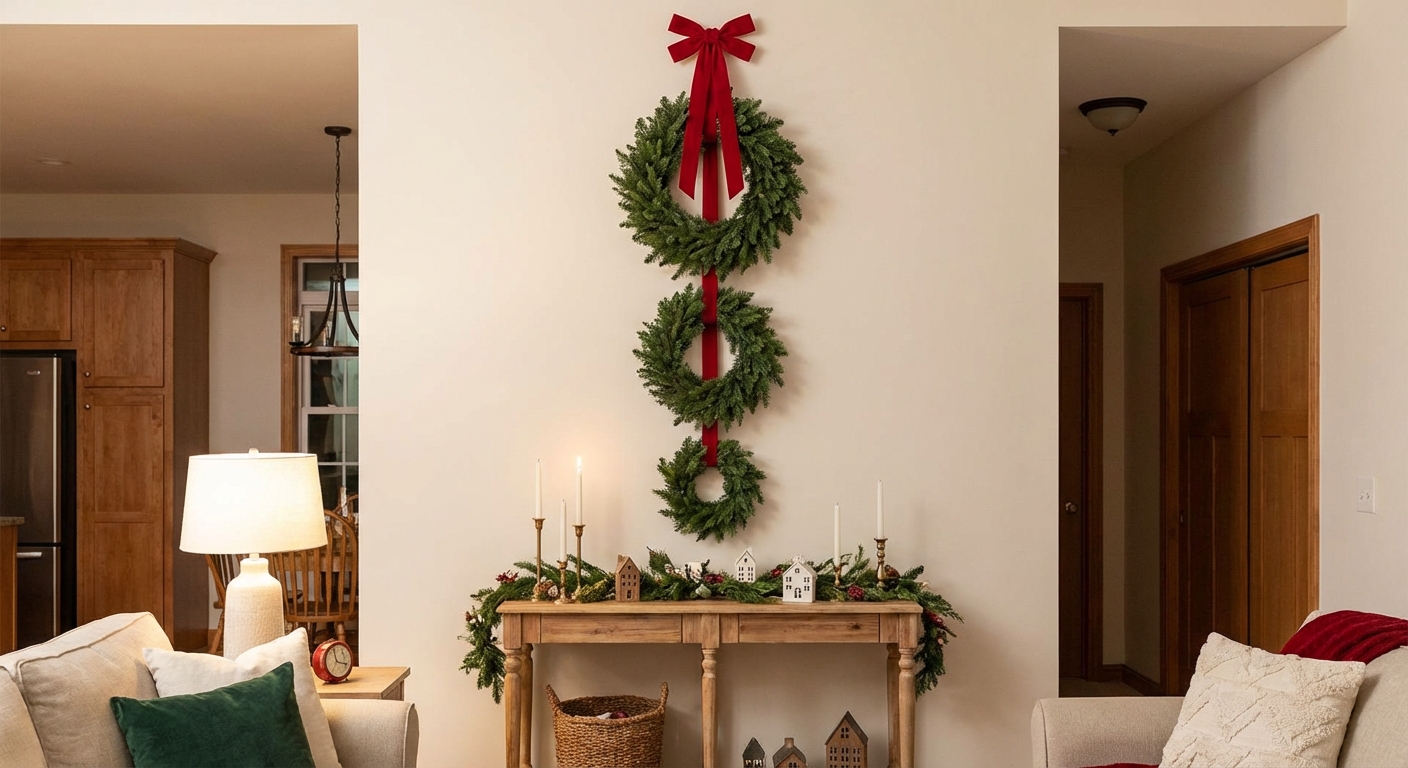 Three green wreaths hung vertically in descending sizes on a wall like a Christmas tree shape, with a ribbon bow at the top above a narrow console table