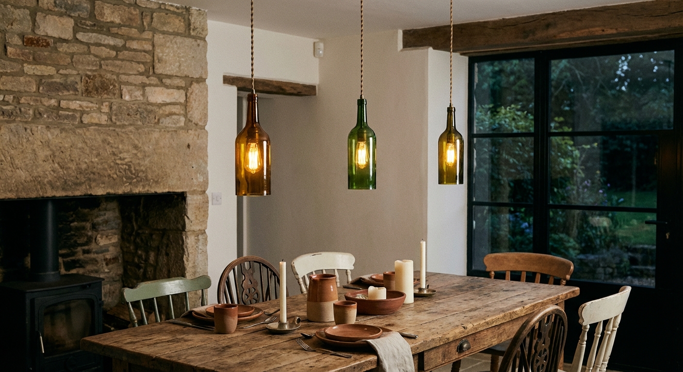 Three vintage bottle pendant lights hanging in a row above a rustic dining table, mix of amber and green glass, warm evening light, realistic interior photograph