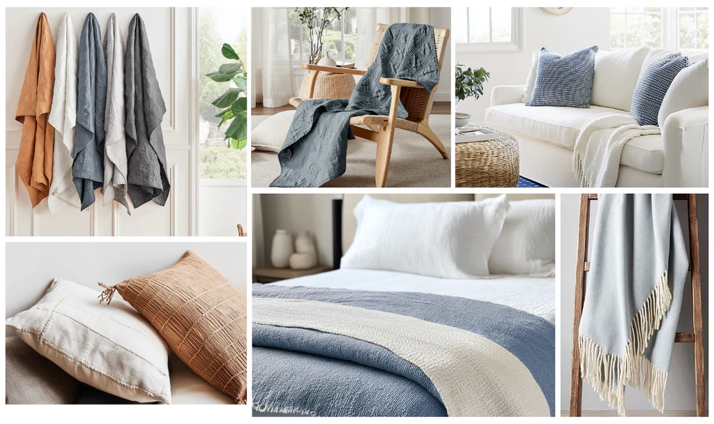 Throw blanket with relaxed, casual folds draped over a sofa arm