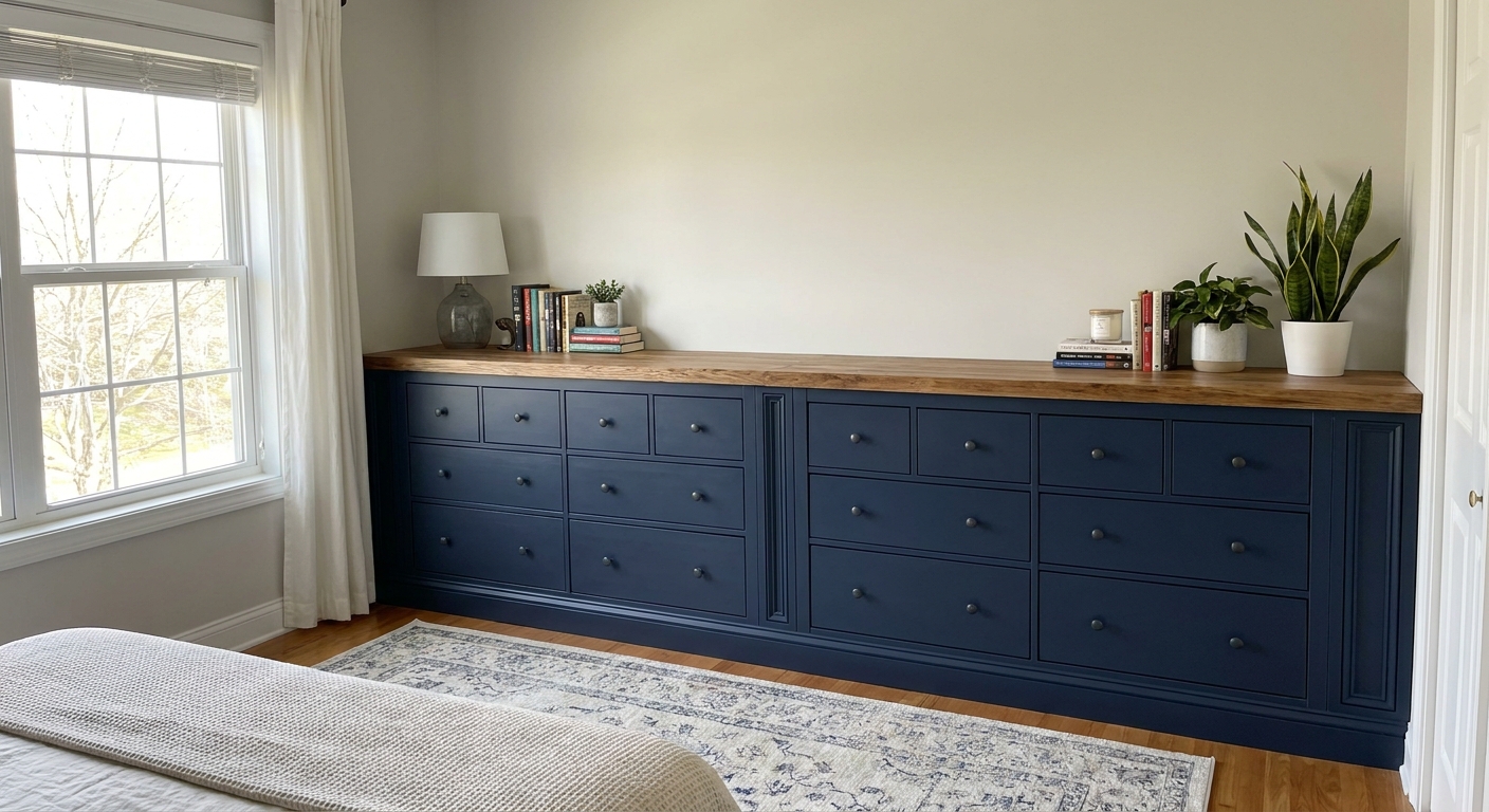 Two matching IKEA Hemnes dressers placed side-by-side in a bedroom with a single continuous wood top and tight side fillers for a built-in effect