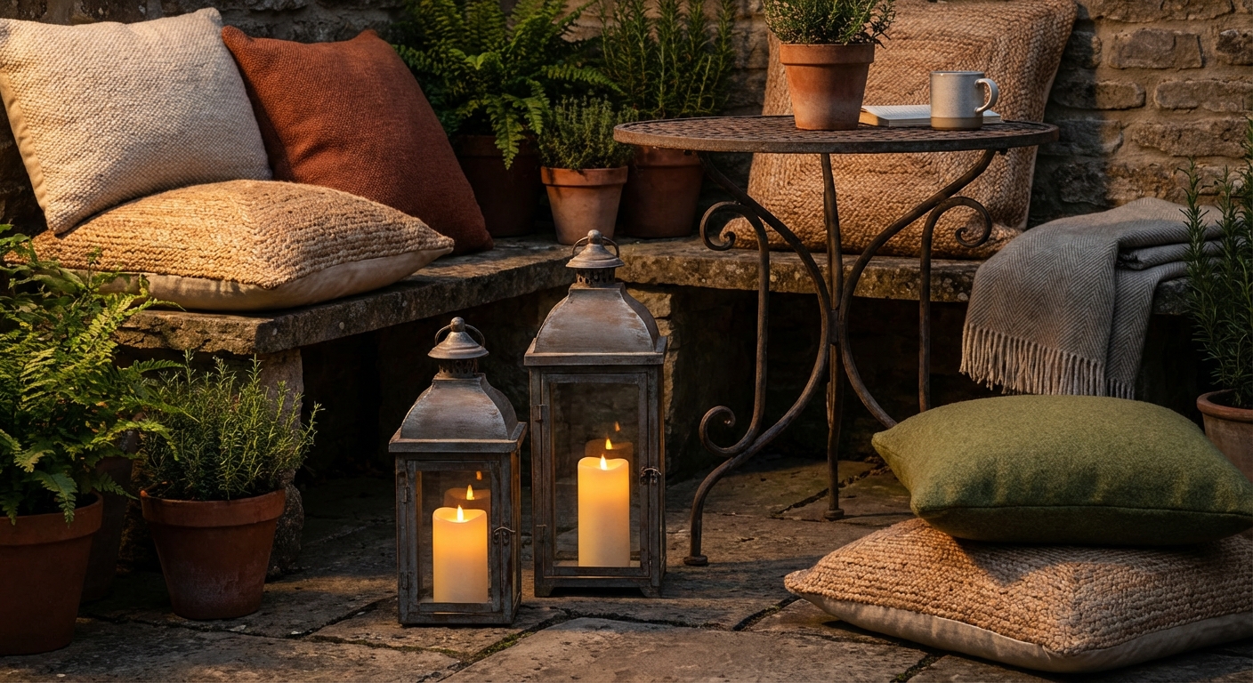Two outdoor lanterns with flickering LED candles beside a small patio table, casting warm light on textured cushions