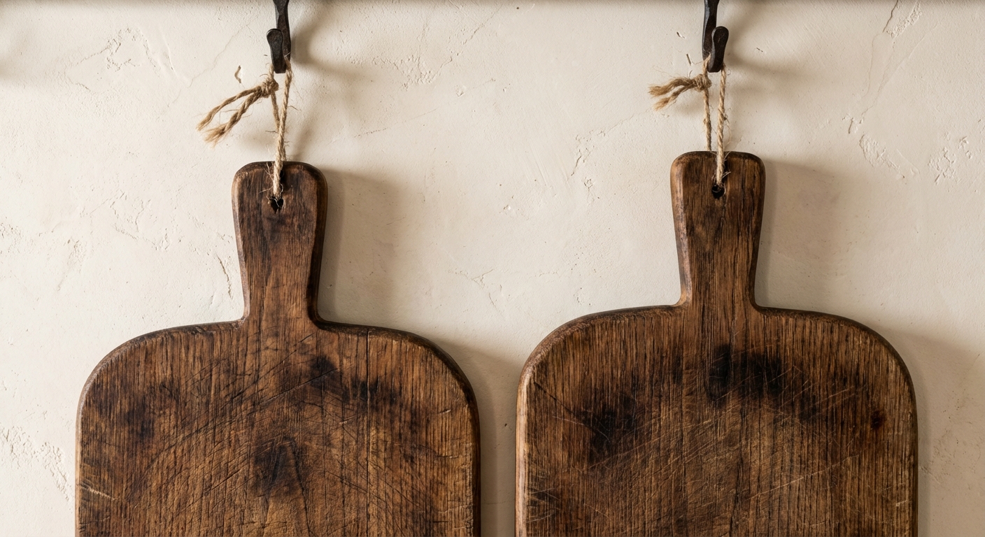Two worn wooden cutting boards hung vertically on a light wall, showing rich grain and patina