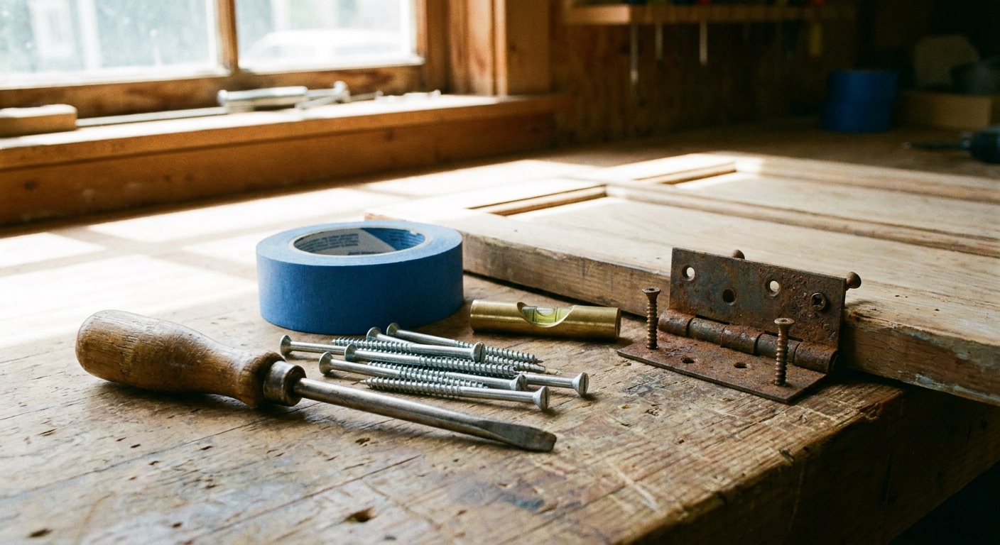 Un destornillador, tornillos largos, cinta de pintor y un nivel pequeño sobre una mesa de madera junto a una bisagra de puerta, fotografía realista