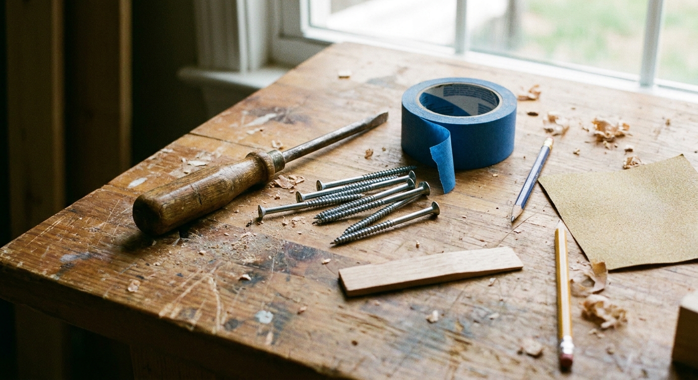 Un destornillador, tornillos largos, cinta de pintor, lápiz, lija y una pequeña cuña de madera sobre una mesa de trabajo en casa, fotografía realista