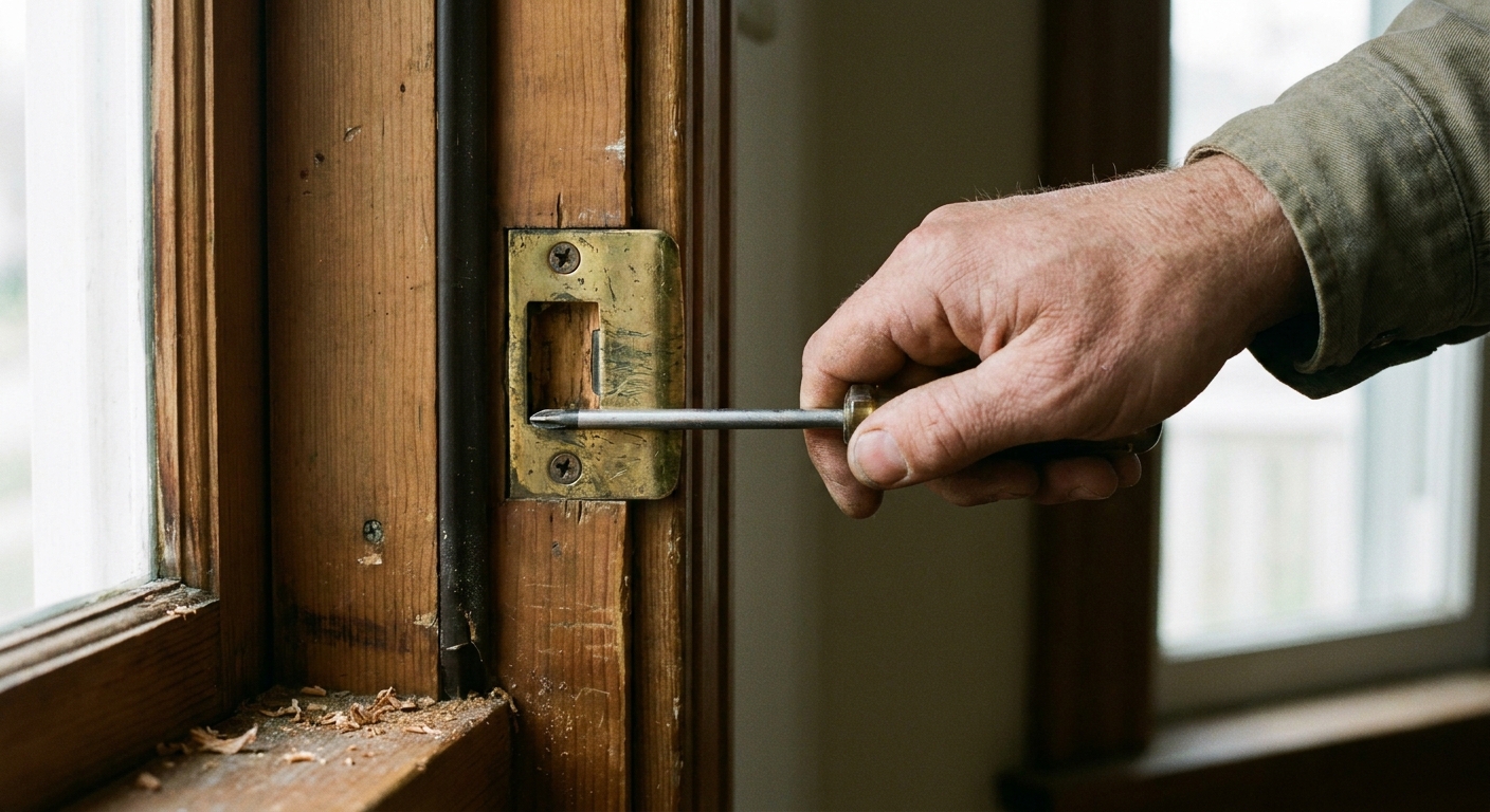 Una mano ajustando con destornillador la placa del cerradero en el marco de una puerta interior, fotografía realista con enfoque en el metal