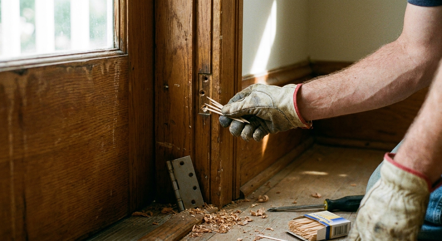 Una mano colocando palillos de madera en el agujero de un tornillo de bisagra en el marco de una puerta, fotografía realista