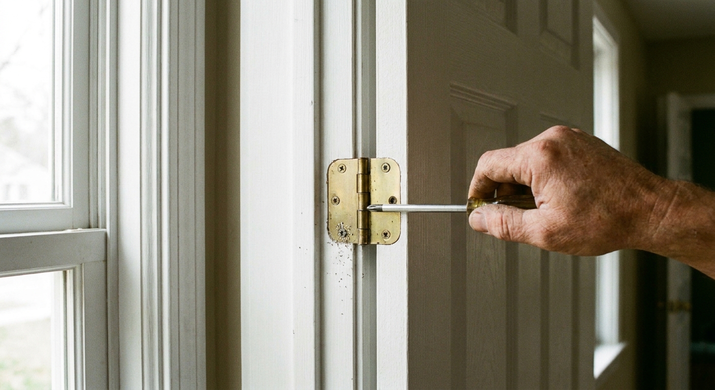Una mano con destornillador ajustando los tornillos de una bisagra en una puerta interior blanca, fotografía realista con luz natural