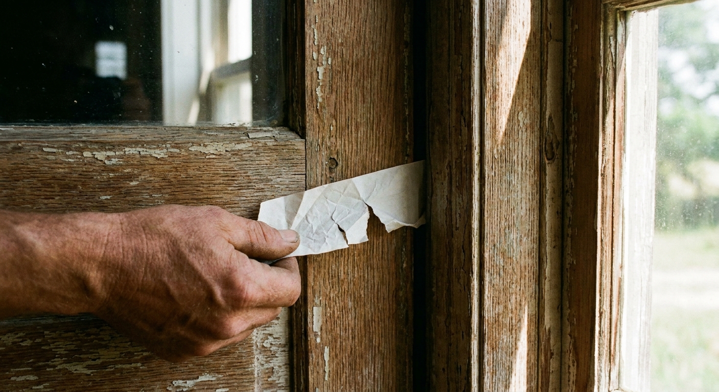 Una mano tirando de una tira de papel atrapada entre una puerta de madera y su marco para comprobar la presión al cerrar, fotografía realista