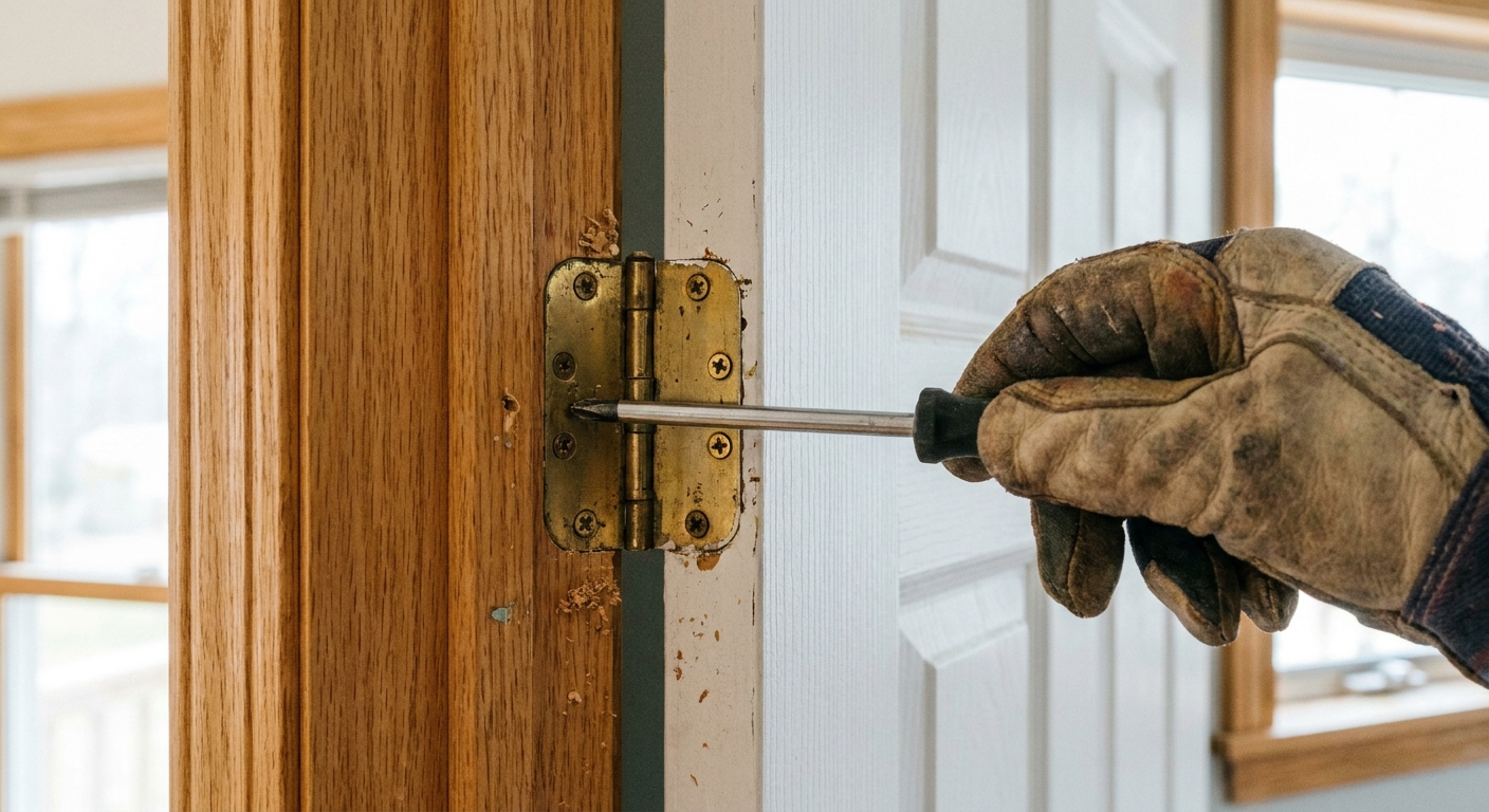 Una mano usando un destornillador para apretar los tornillos de la bisagra en una puerta interior blanca con marco de madera, fotografía realista