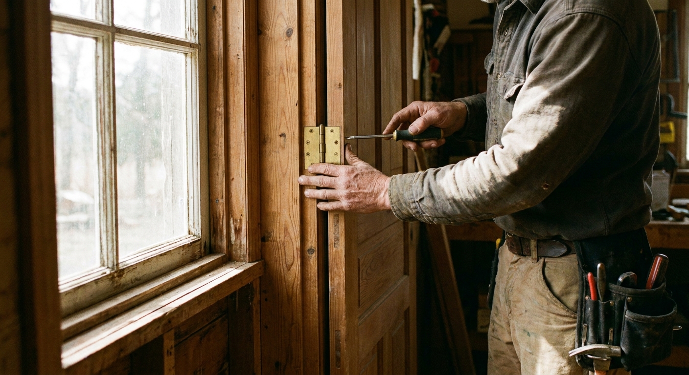 Una persona ajustando con un destornillador los tornillos de una bisagra en una puerta interior de madera, luz natural entrando por una ventana, fotografía realista