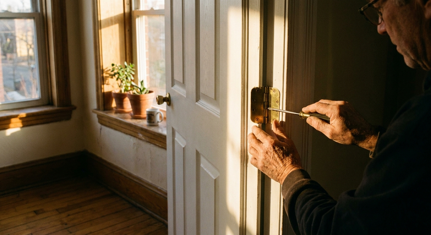 Una persona ajustando los tornillos de la bisagra de una puerta interior blanca con un destornillador, luz cálida de tarde entrando por una ventana, fotografía realista