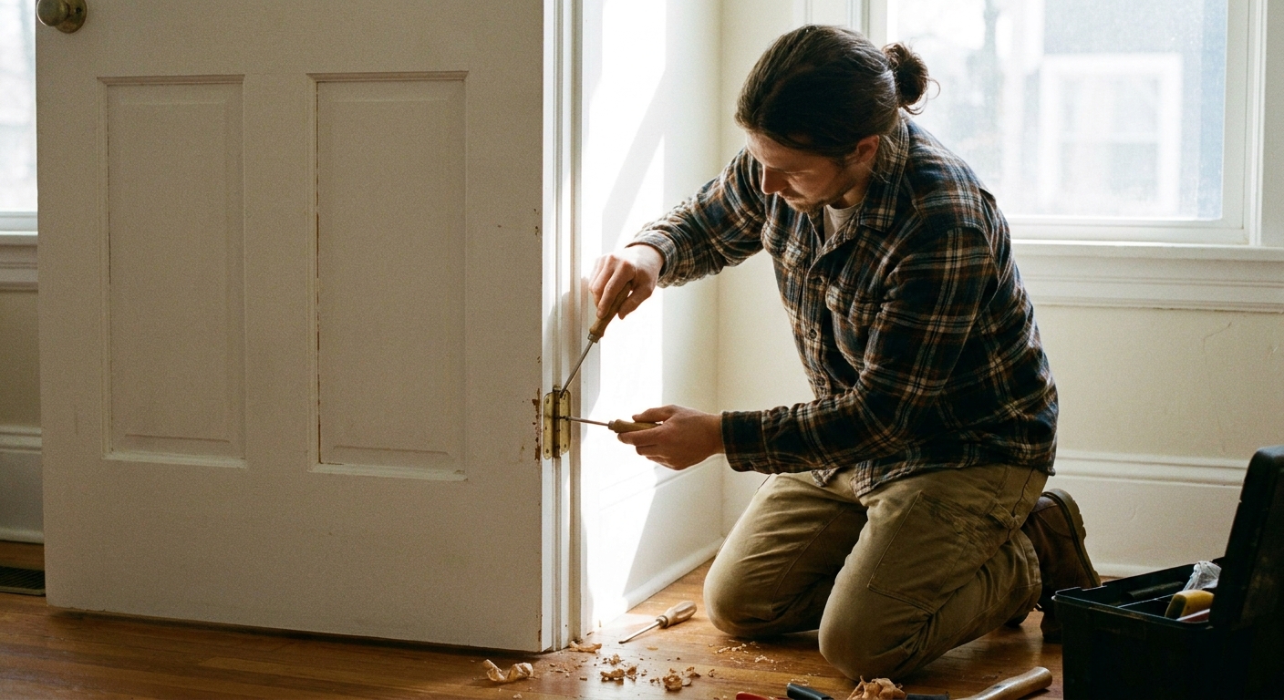 Una persona ajustando los tornillos de las bisagras de una puerta interior blanca con un destornillador manual, luz natural entrando por una ventana, fotografía realista