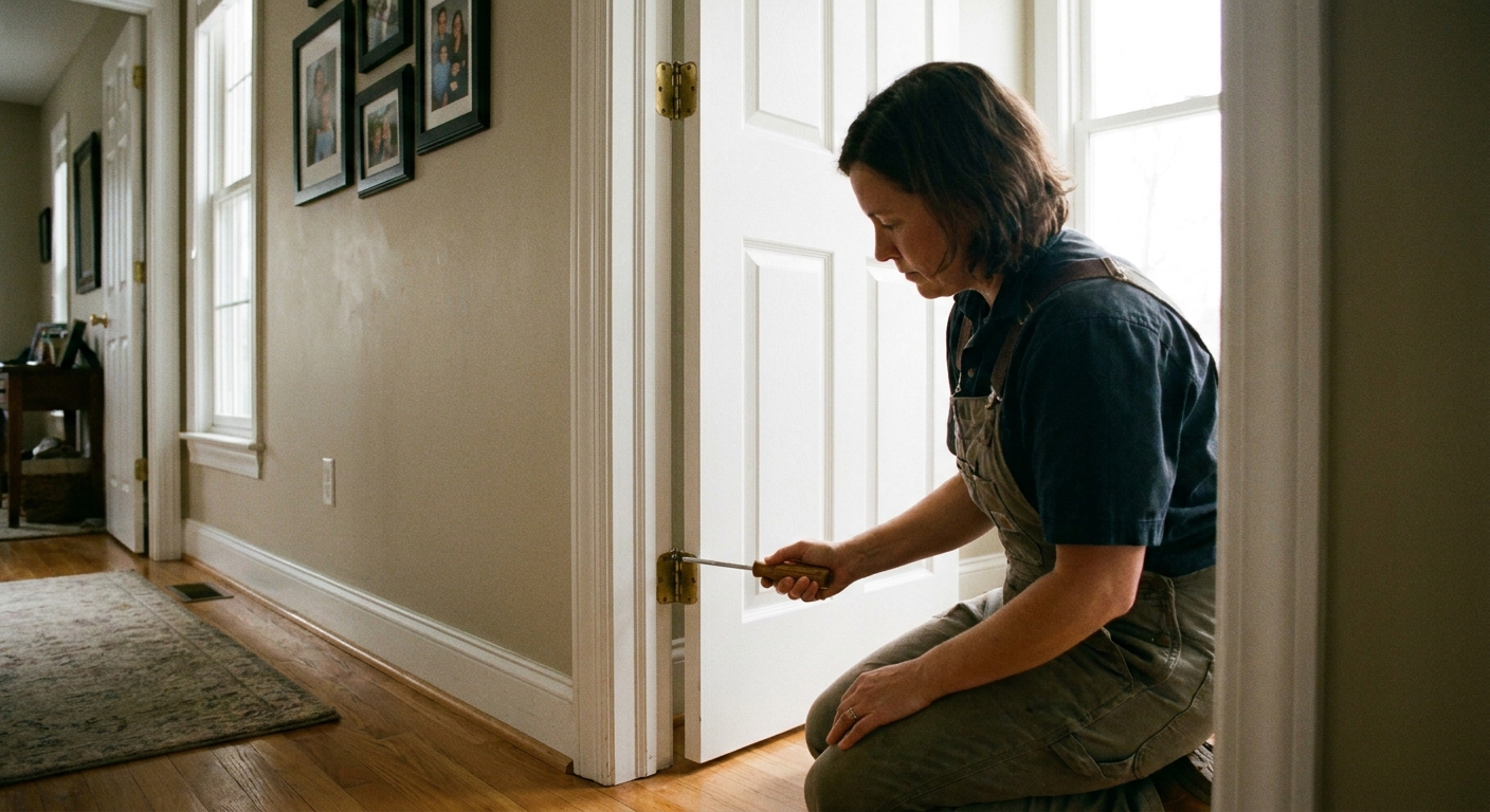 Una persona ajustando los tornillos de las bisagras de una puerta interior blanca con un destornillador manual, fotografía realista en un pasillo de casa
