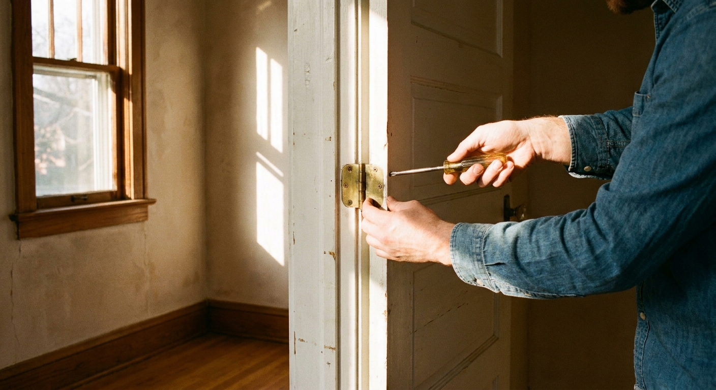 Una persona apretando los tornillos de las bisagras de una puerta interior blanca con un destornillador, luz cálida entrando por una ventana, fotografía realista