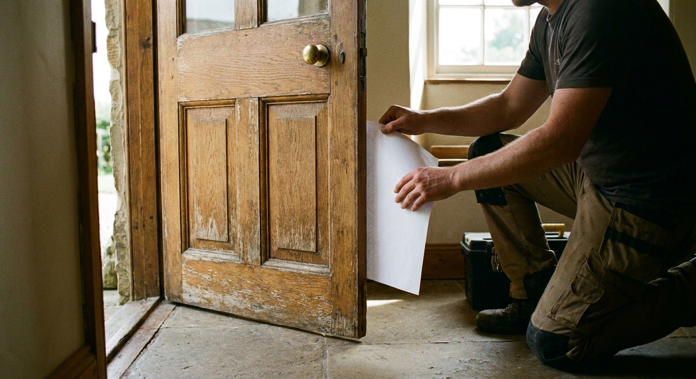 Una persona deslizando una hoja de papel entre una puerta de madera y el marco para localizar un punto de roce, fotografía en interior