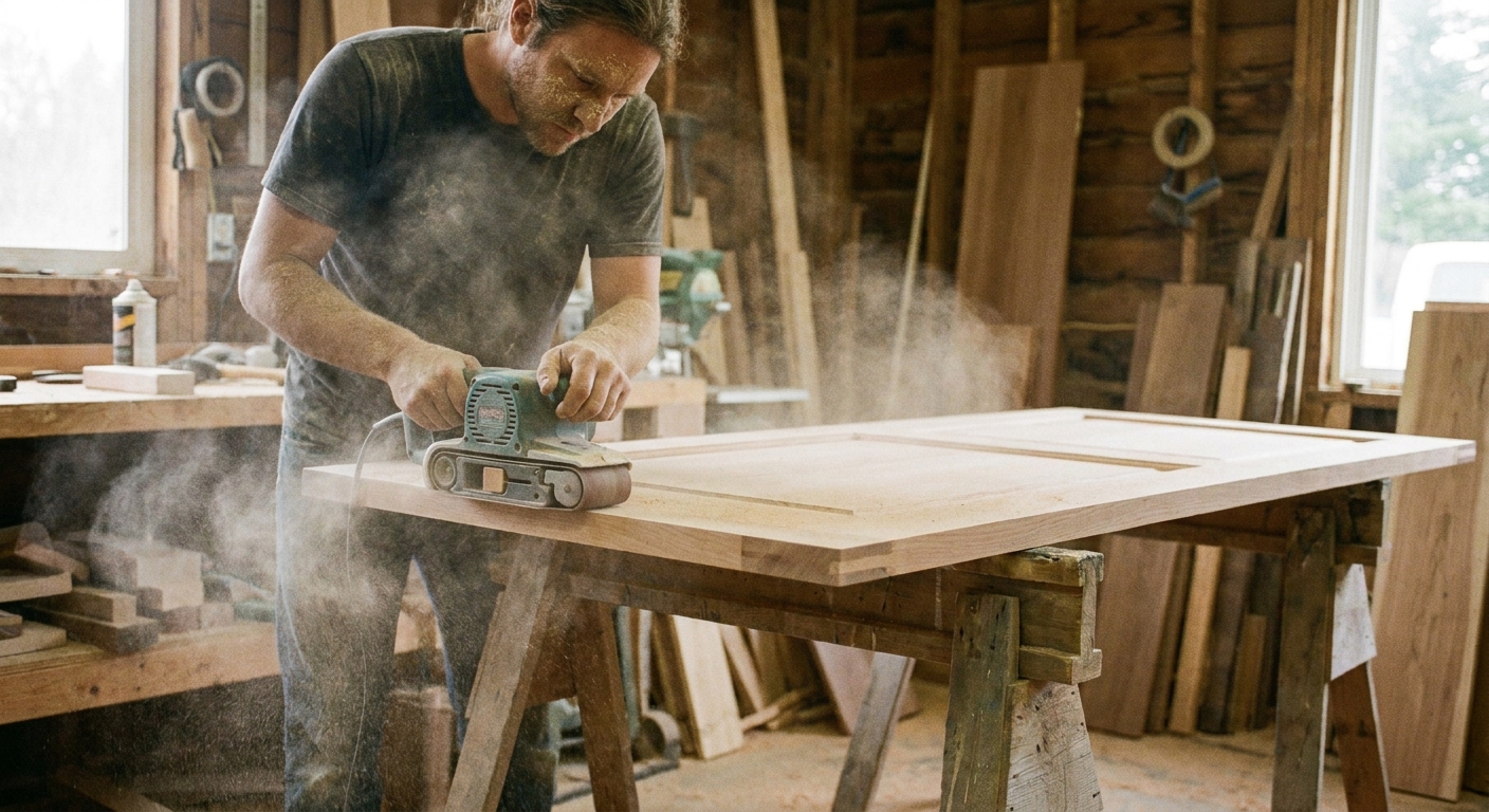 Una persona lijando el canto de una puerta de madera apoyada sobre caballetes, polvo fino de madera visible, fotografía realista