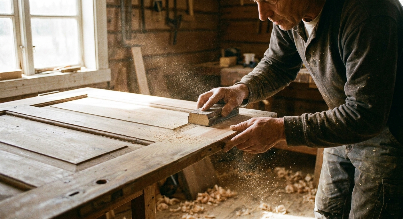 Una persona lijando suavemente el borde de una puerta de madera con una lija manual, polvo fino visible, fotografía realista en interior