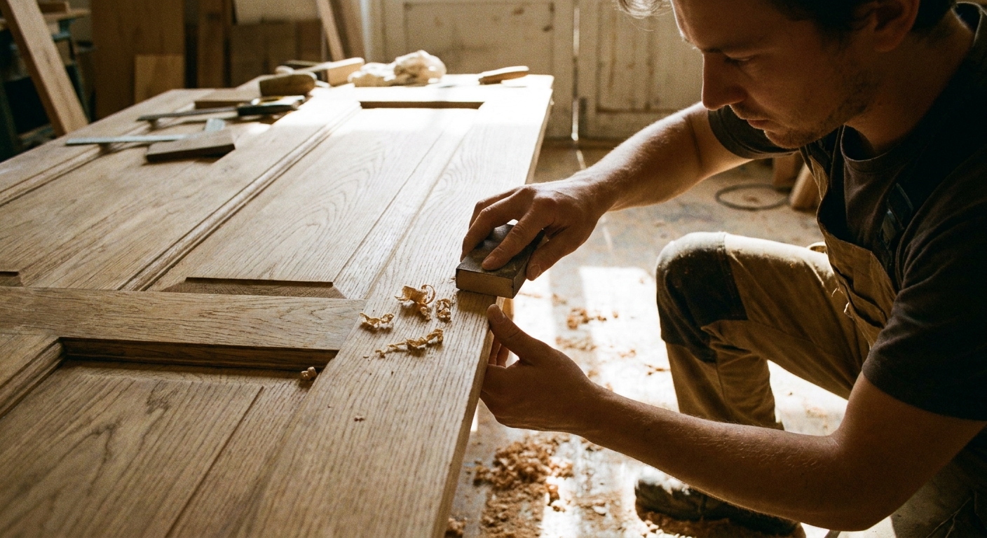 Una persona lijando suavemente el canto de una puerta de madera con lija manual, con virutas finas visibles, fotografía realista