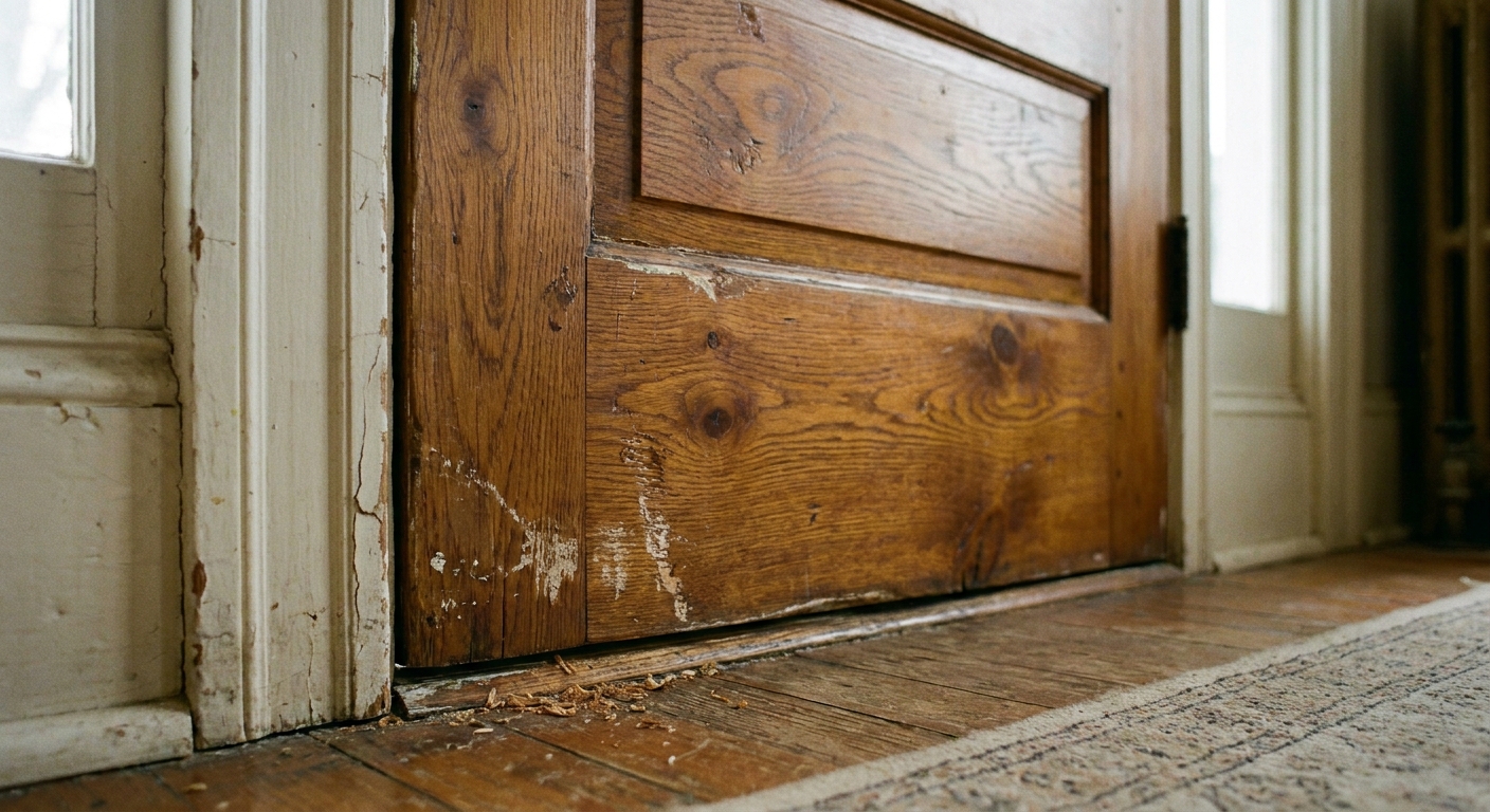 Una puerta de madera interior ligeramente hinchada rozando el marco cerca del borde, con luz natural suave mostrando la textura de la madera, fotografía realista