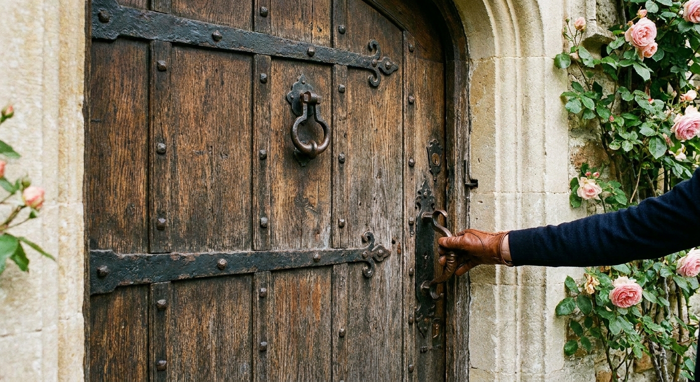 Una puerta exterior de entrada de madera con herrajes metálicos, una mano probando el giro de la manija cerca del cerradero, fotografía realista
