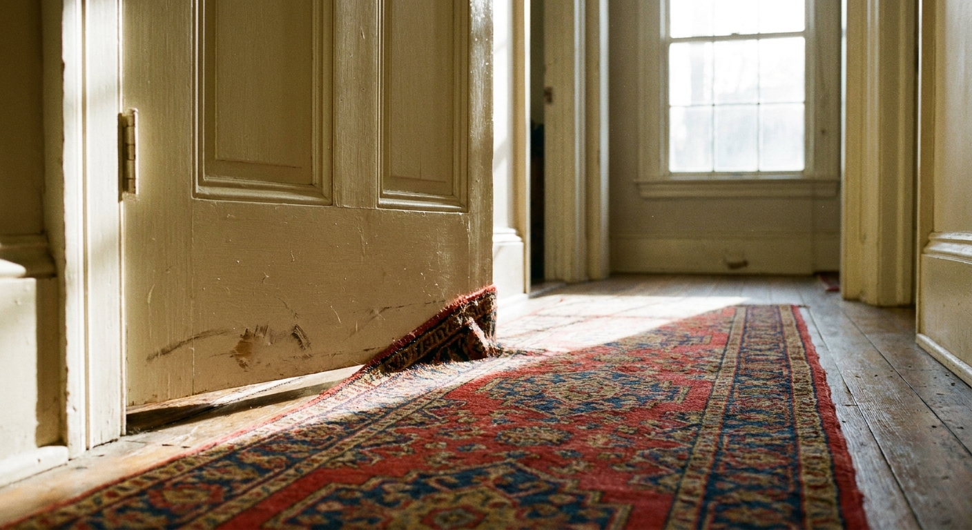 Una puerta interior rozando ligeramente una alfombra en un pasillo con luz natural, fotografía realista
