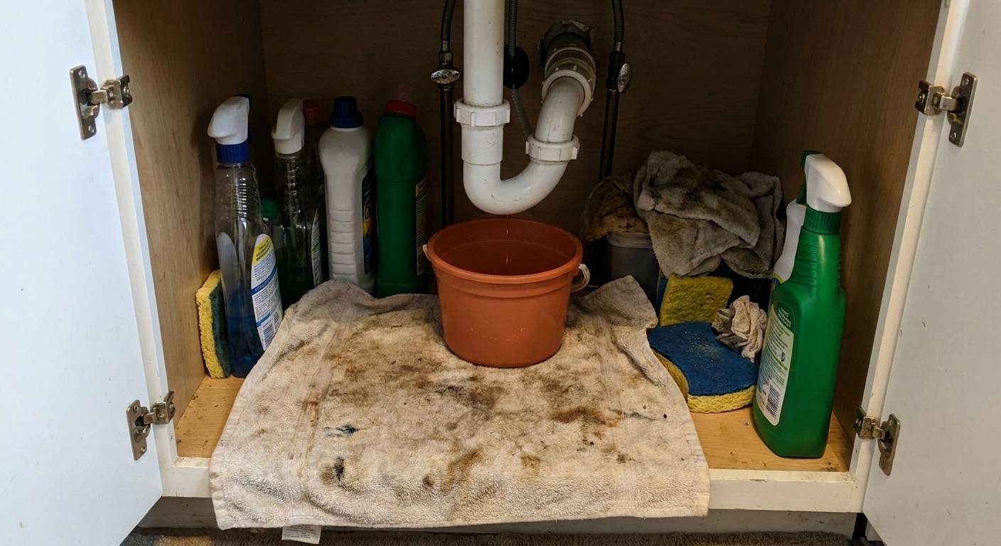 Under a kitchen sink cabinet with a towel laid down and a small bucket positioned beneath a PVC P-trap, realistic home photo