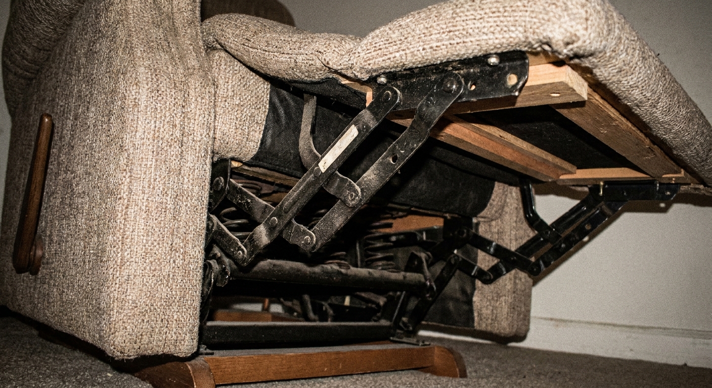 Underside of a manual recliner showing the footrest linkage and springs