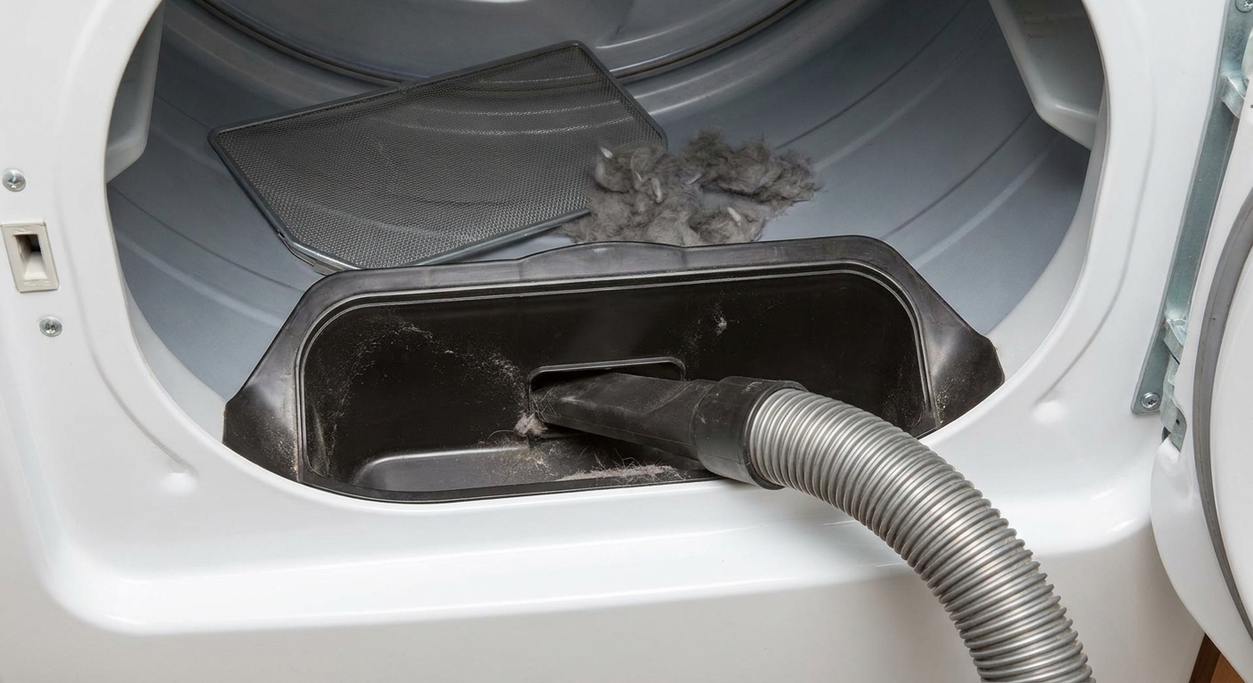 Vacuum hose cleaning the lint trap housing inside a clothes dryer with the lint screen removed