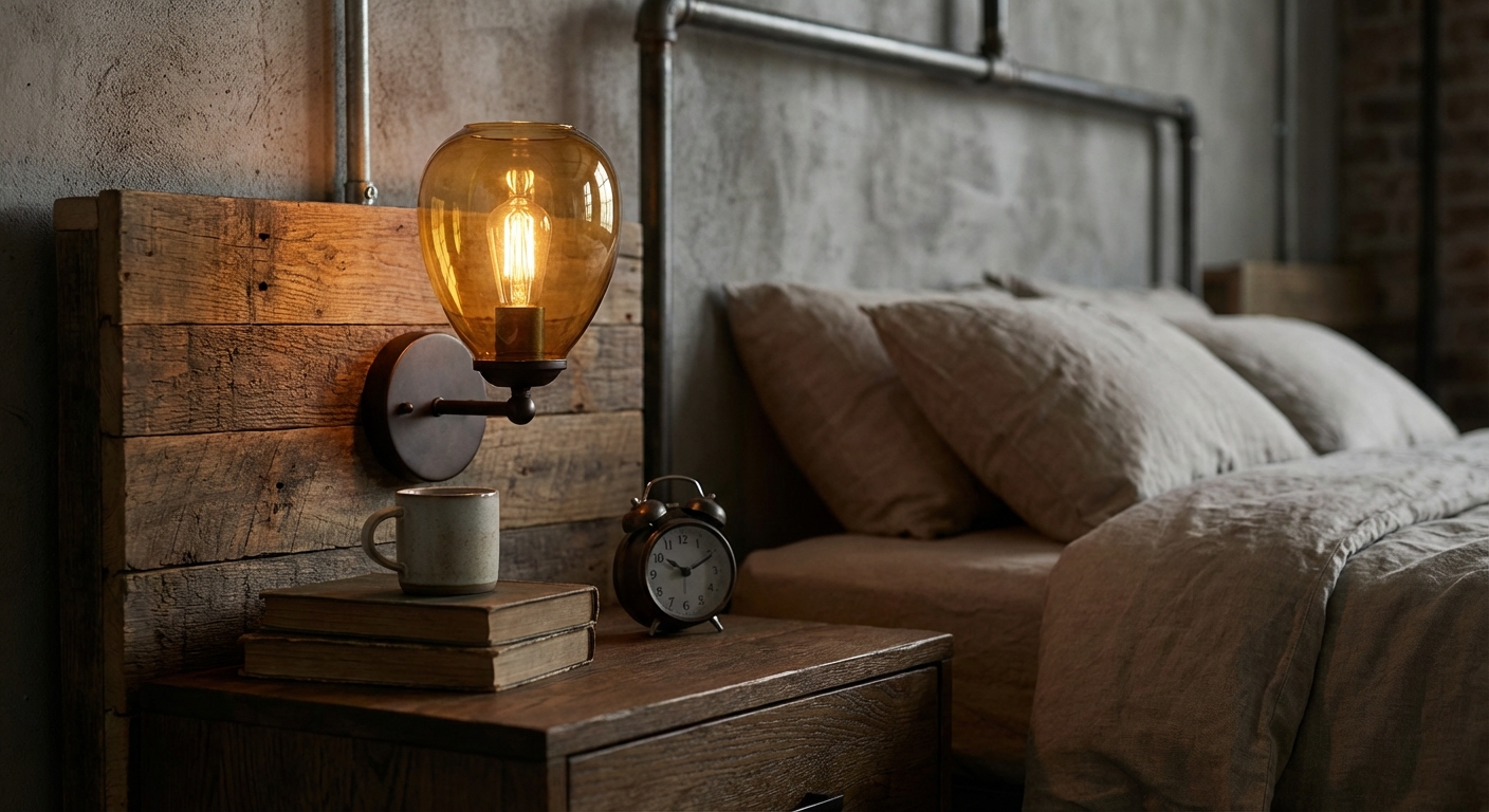 Warm amber bedside sconce above a wood nightstand in an industrial-style bedroom