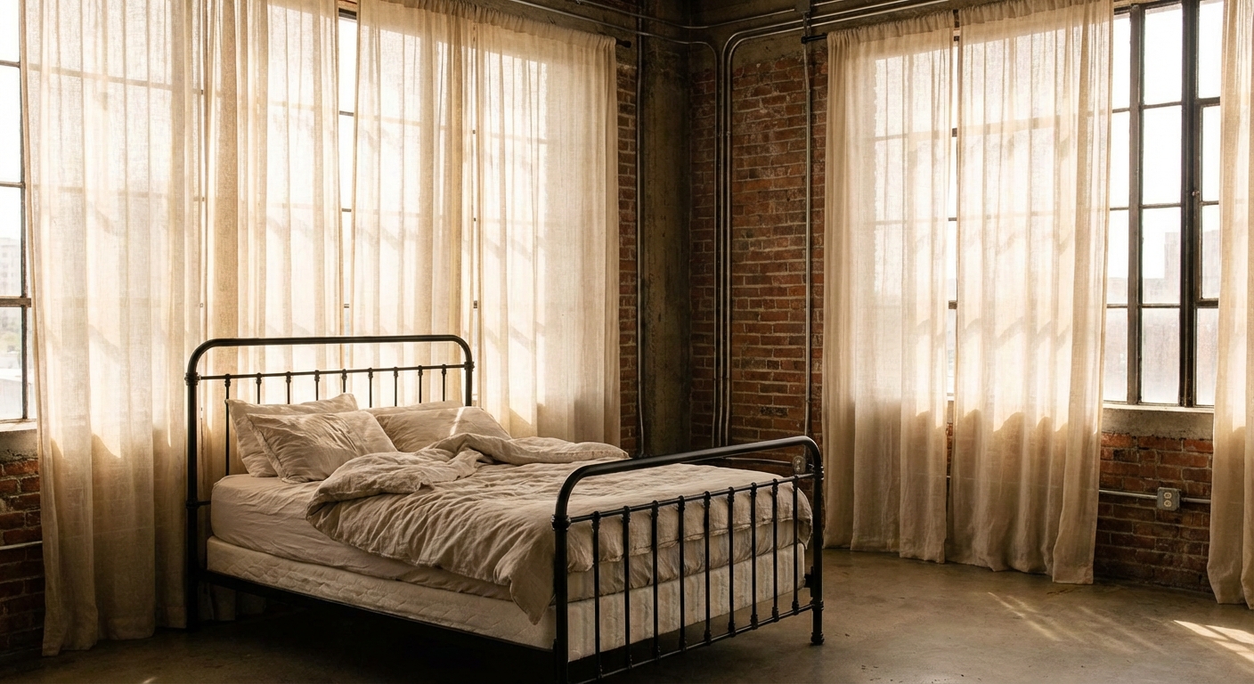 Warm white linen curtains filtering morning light in an industrial bedroom with a black metal bed frame
