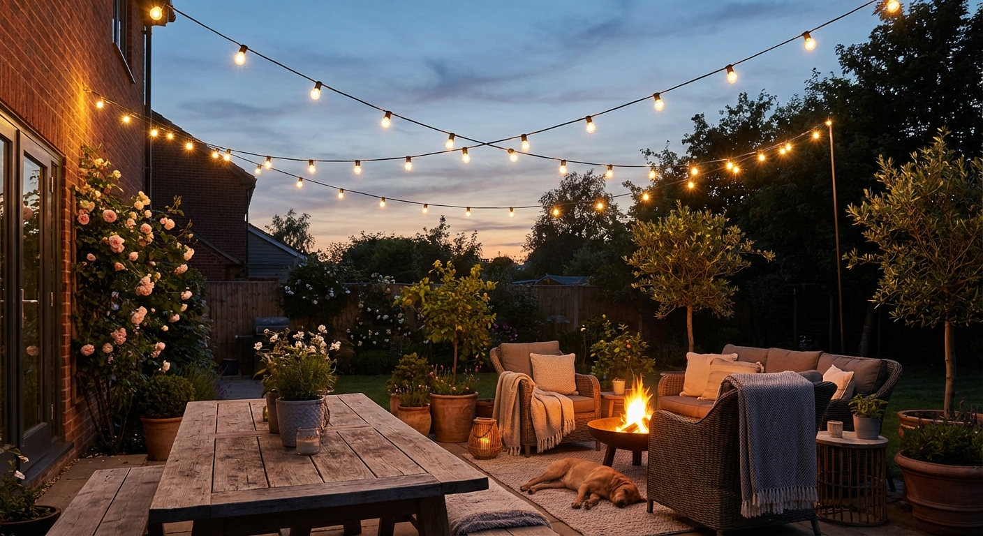 Warm white string lights draped in a gentle crisscross above a backyard patio seating area at twilight